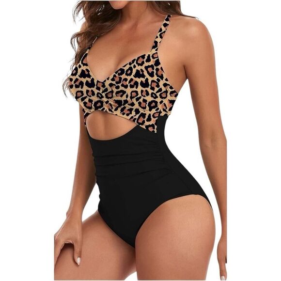 Leopard Print and Black One Piece Swimsuit - Picture 3 of 7